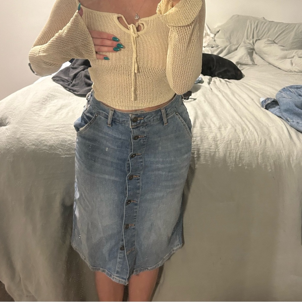 Anthropologie Midi Button-Up Denim Skirt